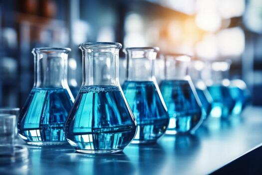 Lab instruments and test tubes macro shot background with empty space for text photo