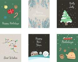 Happy holidays card set with christmas elements trees, gift box, tea, light, berries. Cute and elegant vector illustration templates in simple style