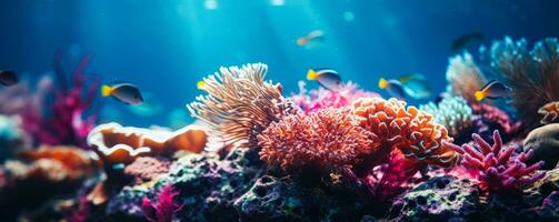 Close ups of vibrant coral reef underwater textures background with empty space for text photo