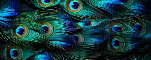 Macro shots of vivid peacock feathers background with empty space for text photo