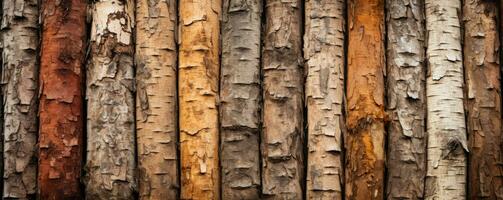 Bark textures of various forest trees background with empty space for text photo