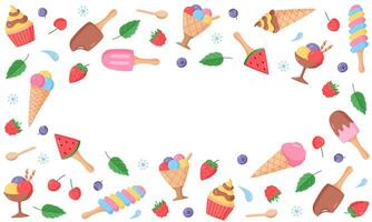 Ice cream and berries set of bright colored icons. Vector illustration of summer desserts popsicles, ice cream in waffle cones, strawberry cherry raspberry mint blueberry.