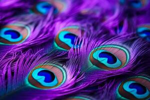 Macro shots of vivid peacock feathers background with empty space for text photo