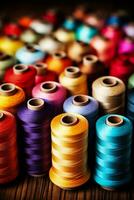 Close up of colorful threads and reels background with empty space for text photo