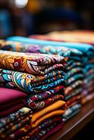 Close up of colorful fabrics showcasing intricate patterns from a textile factory photo