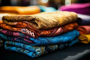 Close up of colorful fabrics showcasing intricate patterns from a textile factory photo