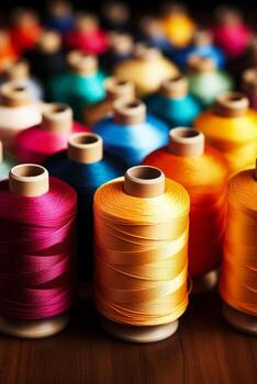 Close up of colorful threads and reels background with empty space for text photo
