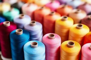 Close up of colorful threads and reels background with empty space for text photo