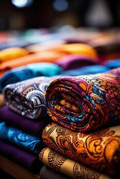 Close up of colorful fabrics showcasing intricate patterns from a textile factory photo