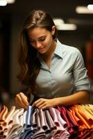 Quality control officer examining fabric samples isolated on a gradient background photo