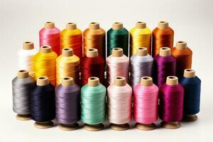 Vibrant threads and reels from textile factory isolated on a white background photo