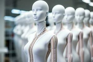 Mannequins with drafted garments factory setup background with empty space for text photo