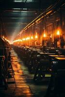 Silhouettes of Industrial loom machines weaving dreams in a fabric factory photo