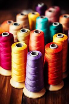 Close up of colorful threads and reels background with empty space for text photo