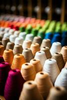 Raw cotton transformed into vibrant threads in an active textile factory photo