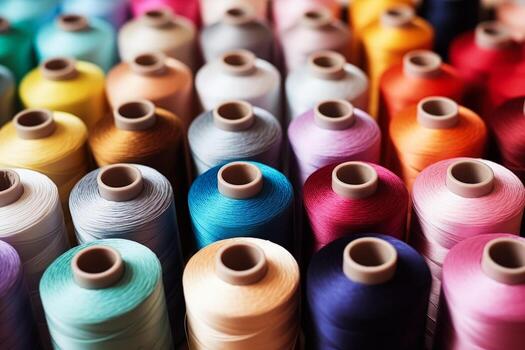 Close up of colorful threads and reels background with empty space for text photo