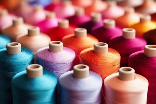Close up of colorful thread reels in a textile factory isolated on a gradient background photo