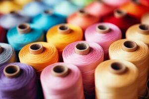 Close up of colorful threads and reels background with empty space for text photo