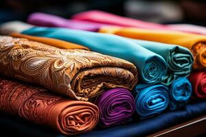 Close up of colorful fabrics showcasing intricate patterns from a textile factory photo