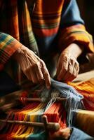 Artisan weaving on traditional handloom isolated on a gradient background photo