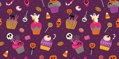 Halloween background. Seamless pattern with Halloween symbols. Vector design