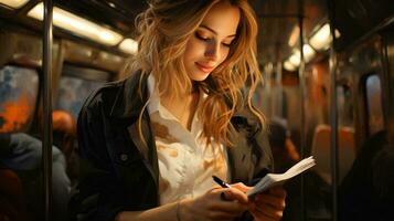 hermosa joven mujer con un libro en su manos en un subterraneo coche. de cerca de un mujer cara foto