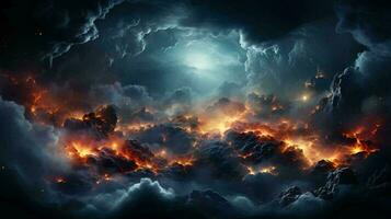 Abstract dark night multicolored bright sky with lightning bolts of energy. The background photo