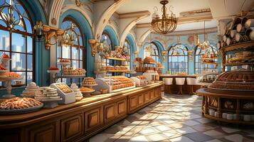 Bakery cafe interior with fresh pastries and cakes photo