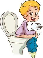 vector illustration of boy taking the toilet