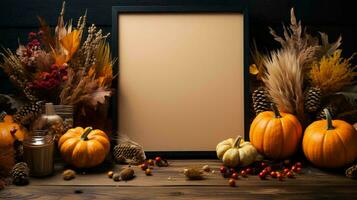 Orange pumpkins lie on a wooden table and a blank notepad with space for text for the holiday Halloween flat lay photo