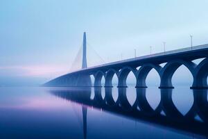 Silhouetted bridges contrast against subtly changing sky gradients in minimalist beauty photo