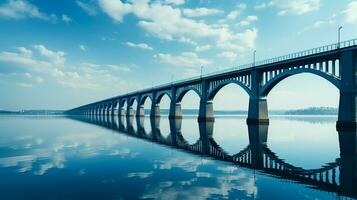 Reflections of contrasting bridges in serene waters background with empty space for text photo