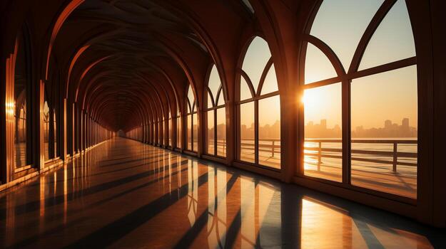 Shadow patterns under a sunrise lit bridge minimalist capture background with empty space for text photo