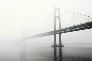 Cable stayed bridge silhouette in fog minimalist monochrome background with empty space for text photo