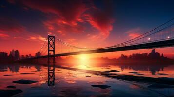 Contemporary suspension bridge at sunset minimalist style background with empty space for text photo