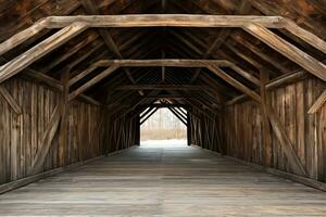 Minimalist top view of rustic wooden covered bridge background with empty space for text photo