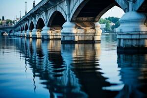 Reflections of contrasting bridges in serene waters background with empty space for text photo