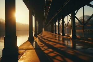 Shadow patterns under a sunrise lit bridge minimalist capture background with empty space for text photo