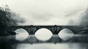 Eerie ancient stone bridge minimalist black and white background with empty space for text photo