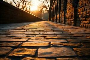 sombra líneas de un antiguo ladrillo puente a amanecer antecedentes con vacío espacio para texto foto