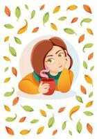 Girl with a cup of tea. Cozy Autumn illustration. Flat vector illustration for postcard, banner, tea packaging. Cartoon style.