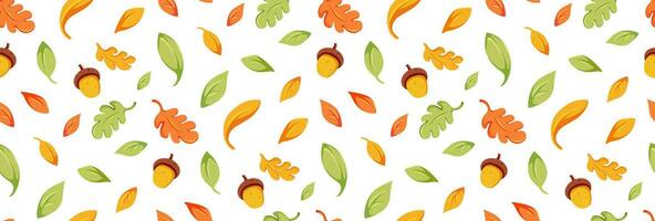 Autumn seamless Pattern. Autumn falling leaves and acorns. Vector flat illustration. Pattern for background, printing on wrapping paper, wallpaper or fabric.