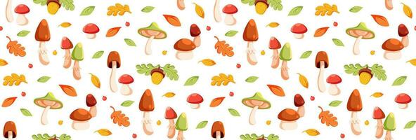 Autumn seamless Pattern. Autumn falling leaves and mushrooms. Vector flat illustration. Pattern for background, printing on wrapping paper, wallpaper or fabric.