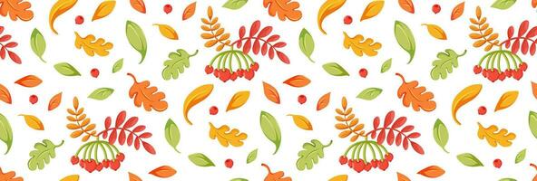 Autumn seamless Pattern. Autumn falling leaves and ashberry. Vector flat illustration. Pattern for background, printing on wrapping paper, wallpaper or fabric.