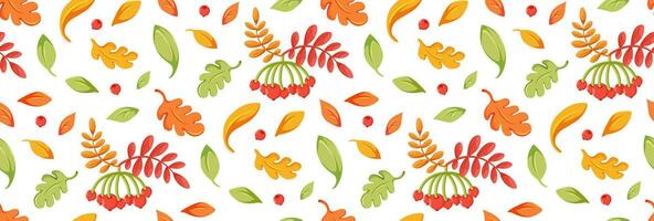 Autumn seamless Pattern. Autumn falling leaves and ashberry. Vector flat illustration. Pattern for background, printing on wrapping paper, wallpaper or fabric.