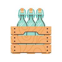 Wooden box with glass bottles. Zero-waste shopping, Flat modern vector illustration.