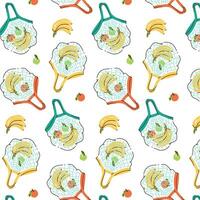 Pattern background with string bags and fruits apple, banana and orange. Zero-waste shopping. vector