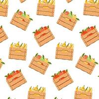 Pattern background with wooden boxes with apples, oranges and bananas. Zero-waste shopping. Flat modern vector illustration.