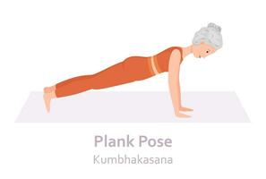 Plank Yoga pose. Kumbhakasana. Elderly woman practicing yoga asana. Healthy lifestyle. Flat cartoon character. Vector illustration