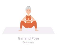 Garland Yoga pose. Malasana. Elderly woman practicing yoga asana. Healthy lifestyle. Flat cartoon character. Vector illustration